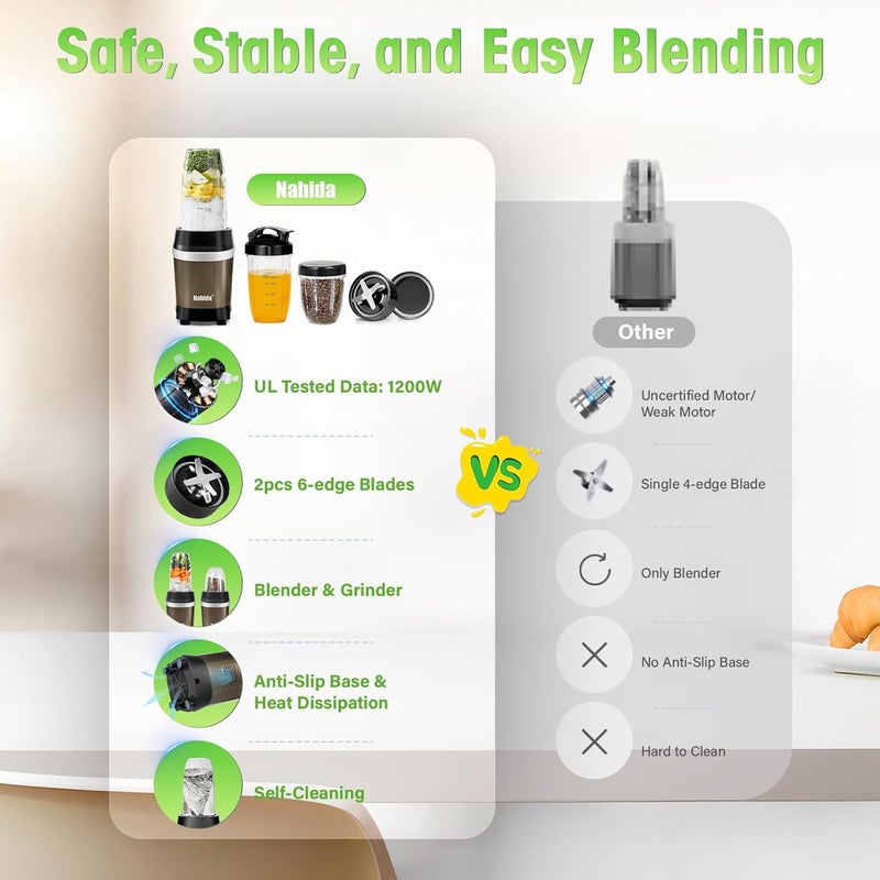 Nahida Blender for Smoothies, 1200W Smoothie Blender for Ices Crushing, Blenders with (2) 6-Fin Blades, Personal Blenders for Kitchen with 23oz, 32oz, 37oz Easy Go Cups for Juices, 1200W, Brown - Image 4